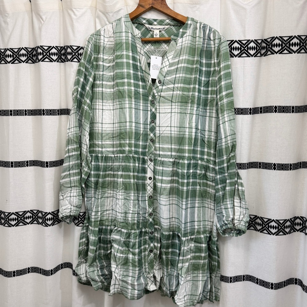 NWT Tantrums Green Plaid Tunic S Longline Button Down Ruffle Hem Peasant Top
